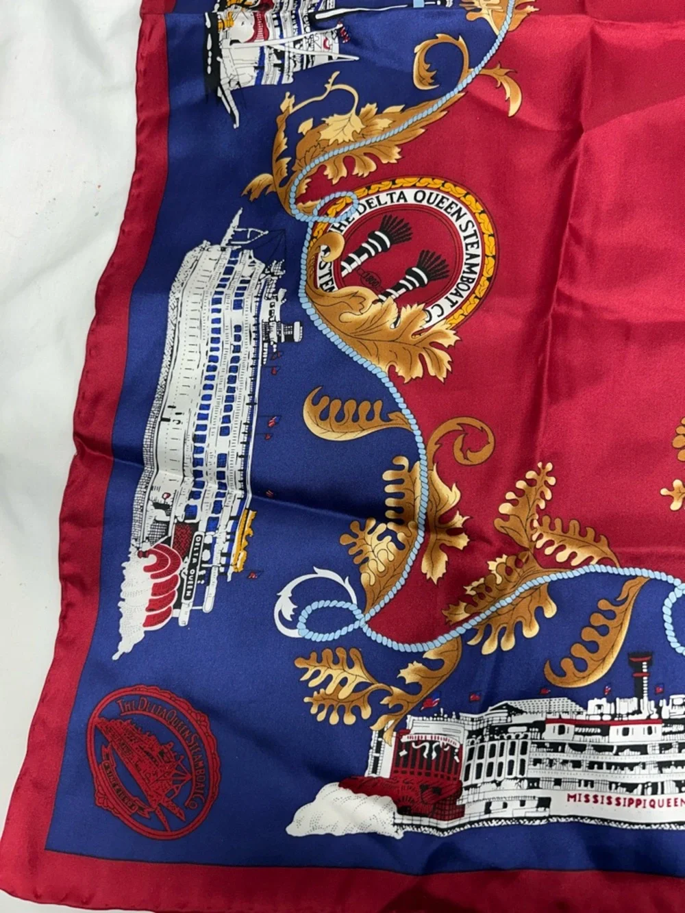 Vintage The Delta Queen Steamboat Co Red and Navy Silk Decorative Souvenir Scarf - Picture 3 of 8